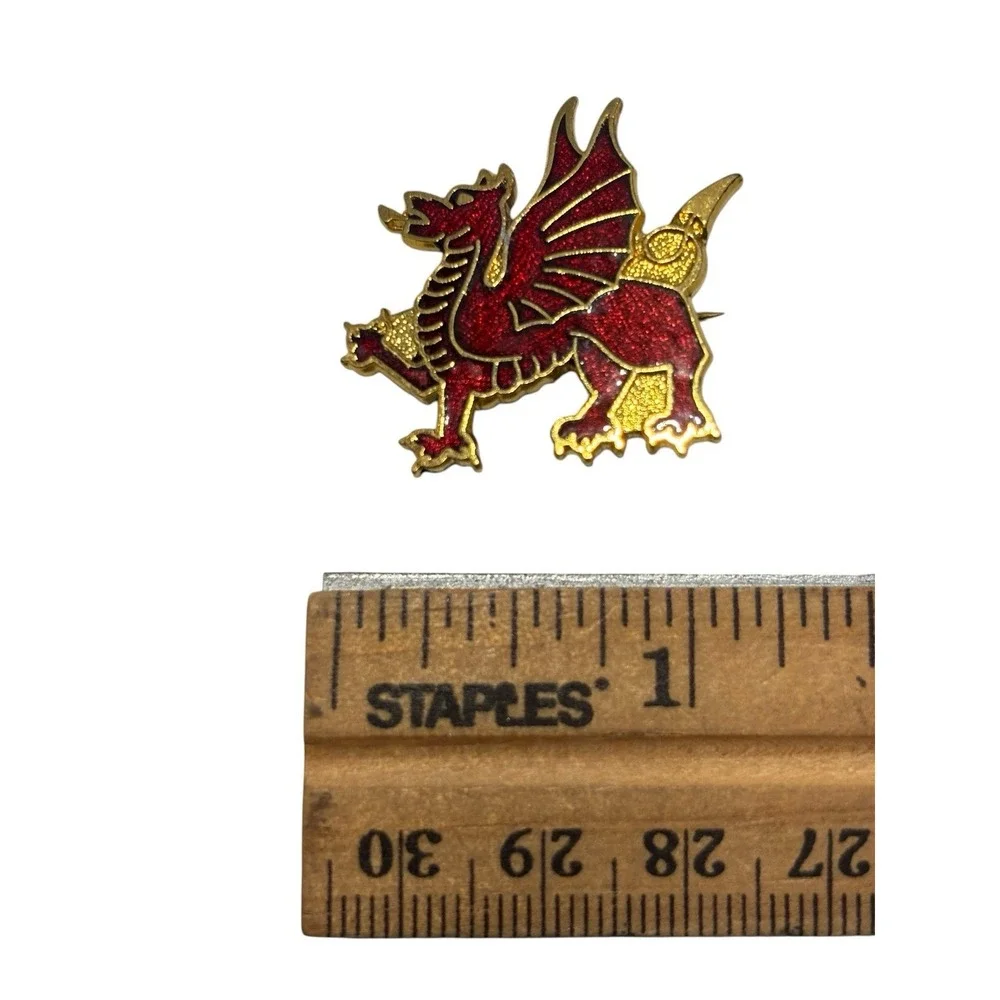 Vintage Gold Tone Red Enamel National Wales Symbol Welsh Dragon Brooch Pin